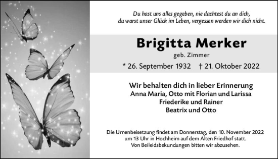 Traueranzeige von Brigitta Merker von vrm-trauer Hochheimer Zeitung