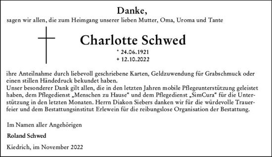 Traueranzeige von Charlotte Schwed von vrm-trauer Rheingau