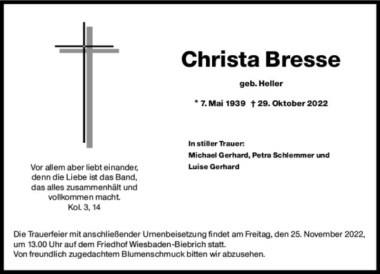 Traueranzeige von Christa Bresse von vrm-trauer Wiesbadener Kurier