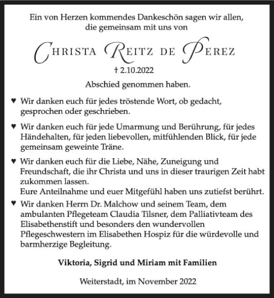 Traueranzeige von Christa Reitz de Perez von vrm-trauer Darmstädter Echo