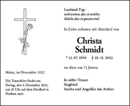 Traueranzeige von Christa Schmidt von vrm-trauer AZ Mainz