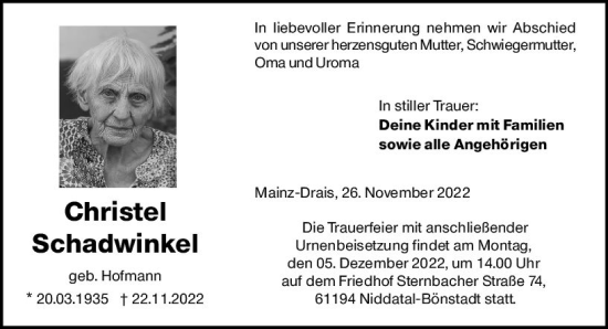 Traueranzeige von Christel Schadwinkel von vrm-trauer AZ Mainz