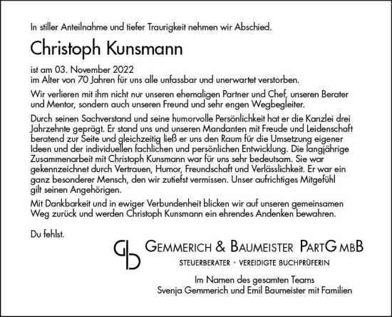 Traueranzeige von Christoph Kunsmann von vrm-trauer Wiesbadener Kurier