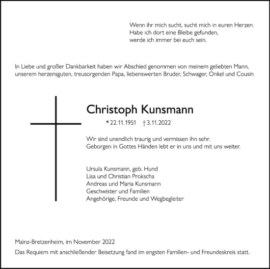 Traueranzeige von Christoph Kunsmann von vrm-trauer AZ Mainz