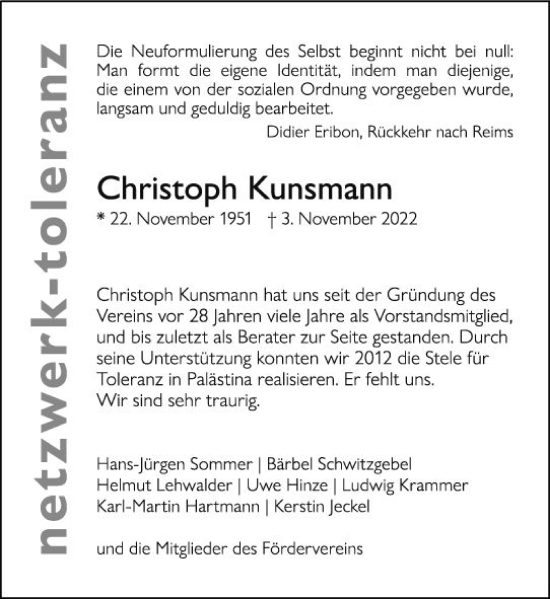 Traueranzeige von Christoph Kunsmann von vrm-trauer Wiesbadener Kurier