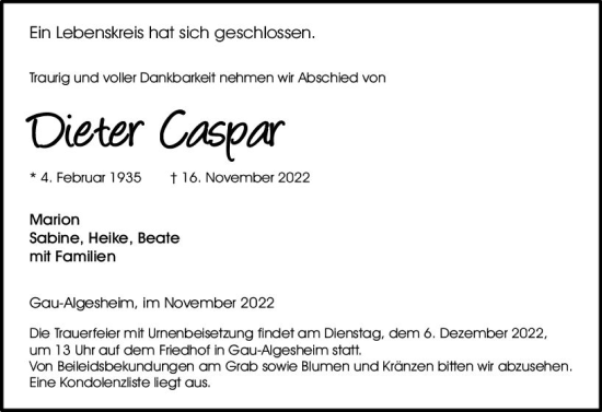 Traueranzeige von Dieter Caspar von vrm-trauer Allgemeine  Zeitung Ingelheim-Bingen