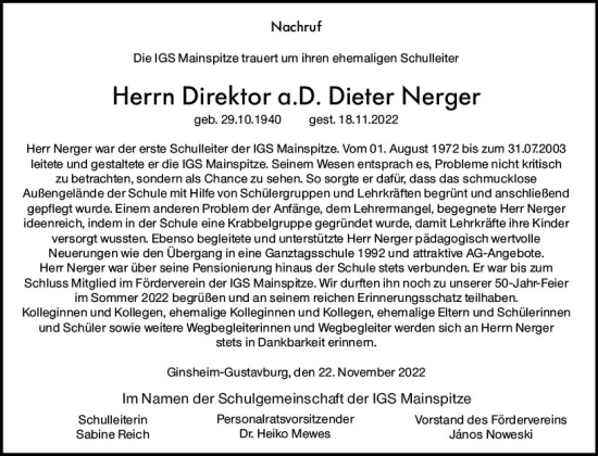 Traueranzeige von Dieter Nerger von vrm-trauer Rüsselsheimer Echo / MainSpitze