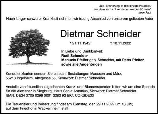 Traueranzeige von Dietmar Schneider von vrm-trauer Allgemeine  Zeitung Ingelheim-Bingen
