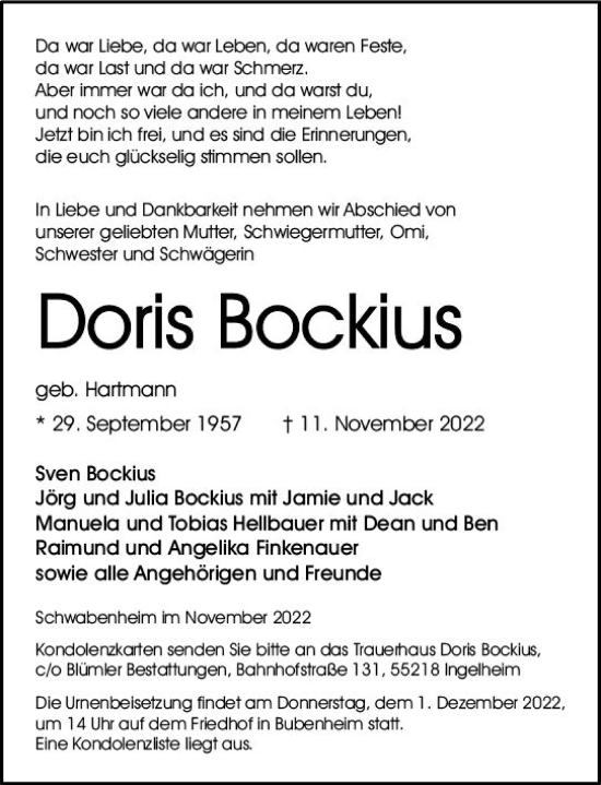 Traueranzeige von Doris Bockius von vrm-trauer Allgemeine  Zeitung Ingelheim-Bingen