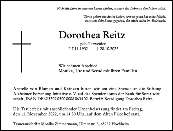 Traueranzeige von Dorothea Reitz von vrm-trauer Hochheimer Zeitung