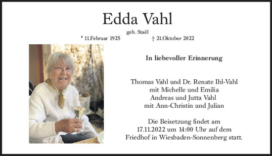 Traueranzeige von Edda Vahl von vrm-trauer Wiesbadener Kurier
