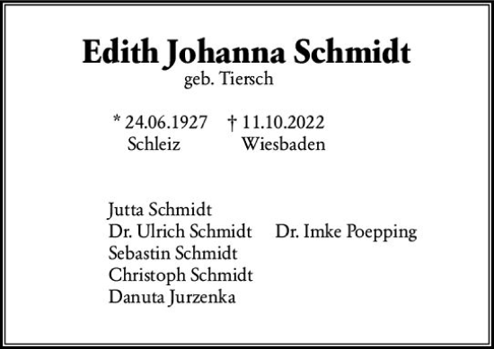 Traueranzeige von Edith Johanna Schmidt von vrm-trauer Wiesbadener Kurier