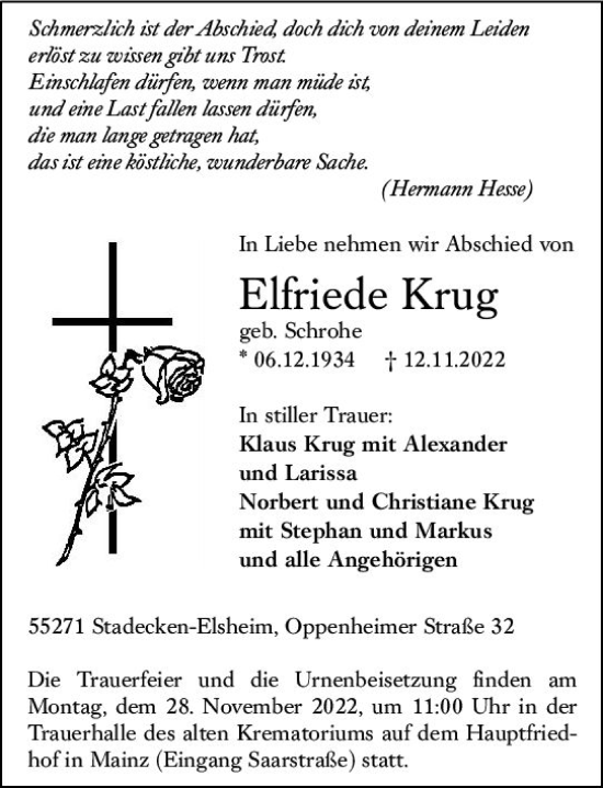 Traueranzeige von Elfriede Krug von vrm-trauer AZ Mainz