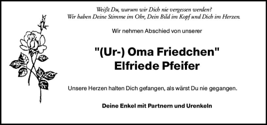 Traueranzeige von Elfriede Pfeifer von vrm-trauer AZ Mainz