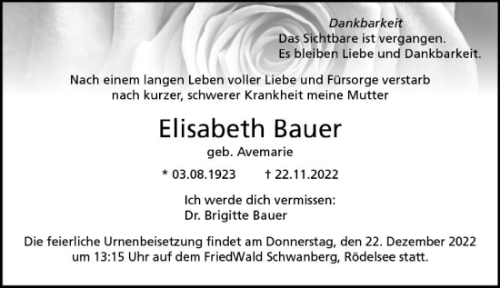 Traueranzeige von Elisabeth Bauer von vrm-trauer Darmstädter Echo