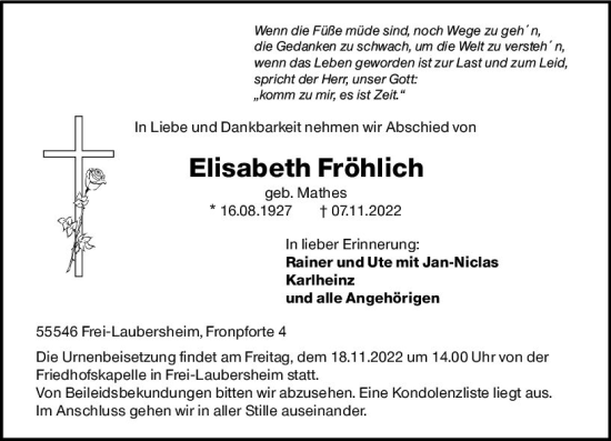 Traueranzeige von Elisabeth Fröhlich von vrm-trauer Allg. Zeitung Bad Kreuznach