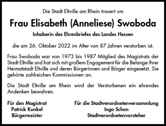 Traueranzeige von Elisabeth Anneliese Swoboda von vrm-trauer Rheingau