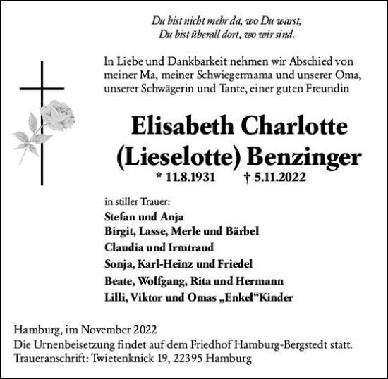 Traueranzeige von Elisabeth Charlotte Benzinger von vrm-trauer Wormser Zeitung