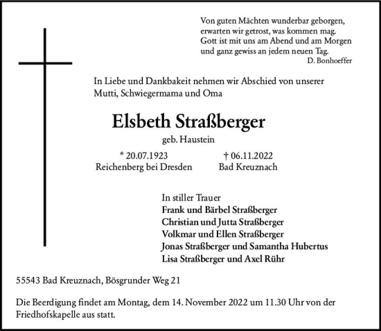 Traueranzeige von Elsbeth Straßberger von vrm-trauer Allg. Zeitung Bad Kreuznach