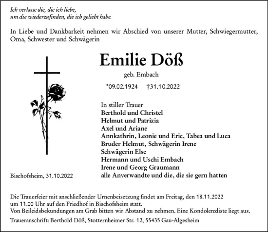 Traueranzeige von Emilie Döß von vrm-trauer Rüsselsheimer Echo / MainSpitze