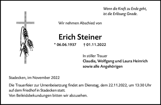 Traueranzeige von Erich Steiner von vrm-trauer AZ Mainz