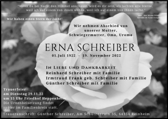 Traueranzeige von Erna Schreiber von vrm-trauer Bürstädter/Lamperth. Ztg/Starkenburger