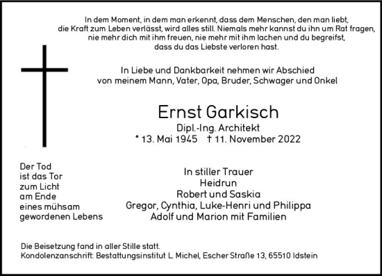 Traueranzeige von Ernst Garkisch von vrm-trauer Wiesbadener Kurier