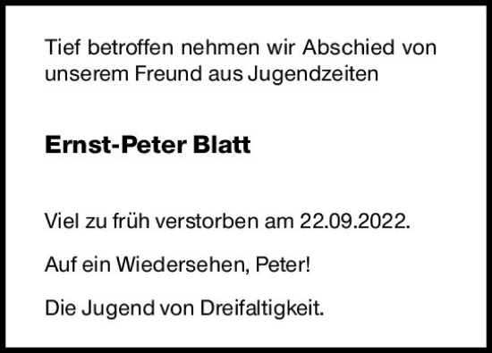 Traueranzeige von Ernst-Peter Blatt von vrm-trauer Wiesbadener Kurier