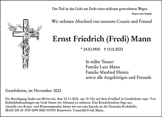 Traueranzeige von Ernst Friedrich Mann von vrm-trauer Allgemeine Zeitung Alzey