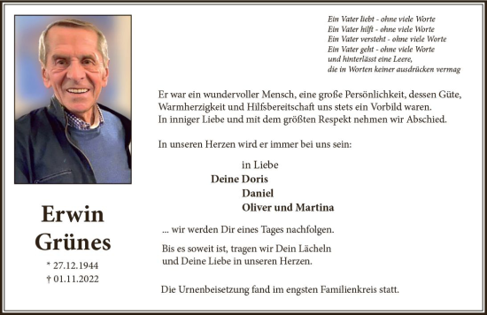 Traueranzeige von Erwin Grünes von vrm-trauer Idsteiner Zeitung