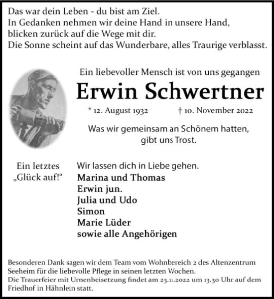 Traueranzeige von Erwin Schwertner von vrm-trauer Darmstädter Echo