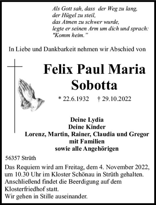 Traueranzeige von Felix Paul Maria Sobotta von vrm-trauer Wiesbadener Kurier