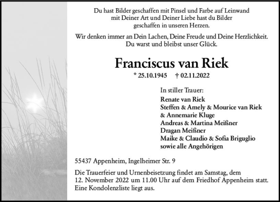 Traueranzeige von Franciscos van Riek von vrm-trauer Allgemeine  Zeitung Ingelheim-Bingen