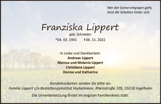 Traueranzeige von Franziska Lippert von vrm-trauer Allgemeine  Zeitung Ingelheim-Bingen