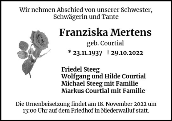 Traueranzeige von Franziska Mertens von vrm-trauer Wiesbadener Kurier