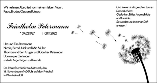 Traueranzeige von Friedhelm Petermann von vrm-trauer Allg. Zeitung Bad Kreuznach
