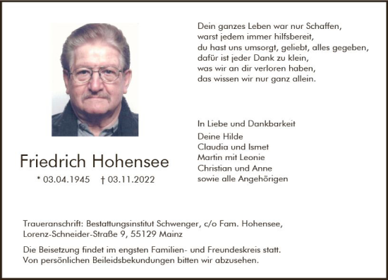 Traueranzeige von Friedrich Hohensee von vrm-trauer AZ Mainz