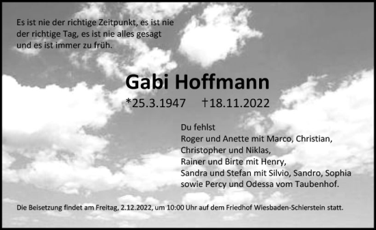 Traueranzeige von Gabi Hoffmann von vrm-trauer Wiesbadener Kurier