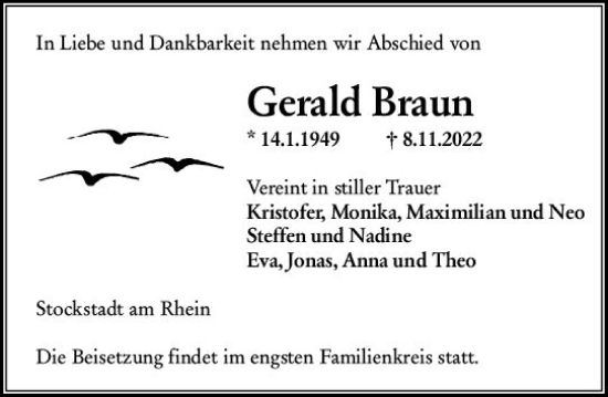 Traueranzeige von Gerald Braun von vrm-trauer Rüsselsheimer Echo / MainSpitze