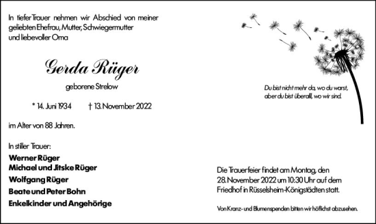 Traueranzeige von Gerda Rüger von vrm-trauer Rüsselsheimer Echo / MainSpitze