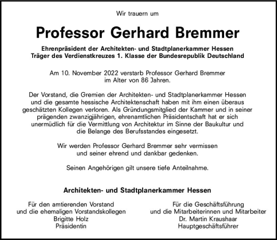 Traueranzeige von Gerhard Bremmer von vrm-trauer Wiesbadener Kurier