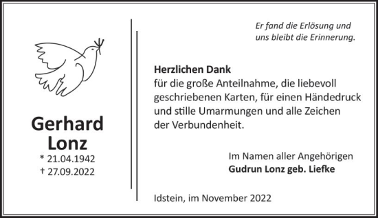 Traueranzeige von Gerhard Lonz von vrm-trauer Idsteiner Zeitung