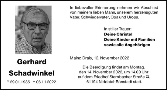 Traueranzeige von Gerhard Schadwinkel von vrm-trauer AZ Mainz