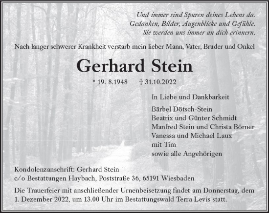 Traueranzeige von Gerhard Stein von vrm-trauer Wiesbadener Kurier