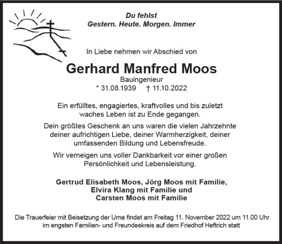 Traueranzeige von Gerhard Manfred Moos von vrm-trauer Idsteiner Zeitung