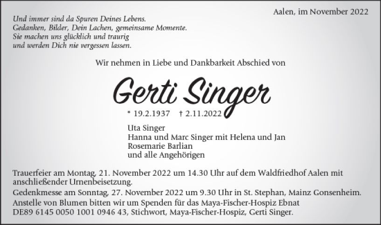 Traueranzeige von Gerti Singer von vrm-trauer AZ Mainz