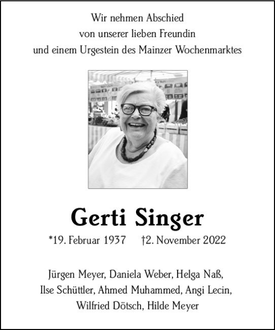 Traueranzeige von Gerti Singer von vrm-trauer AZ Mainz