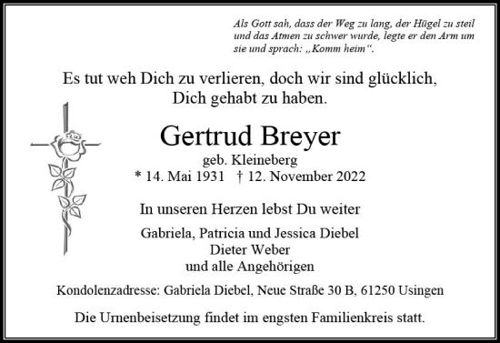 Traueranzeige von Gertrud Breyer von vrm-trauer Rüsselsheimer Echo / MainSpitze