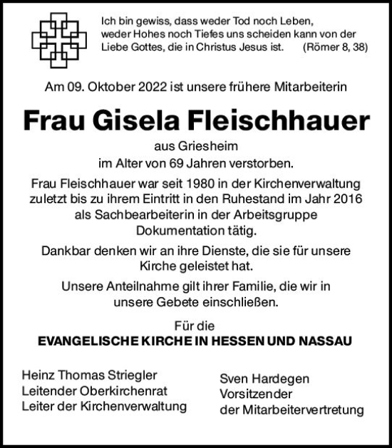Traueranzeige von Gisela Fleischhauer von vrm-trauer Darmstädter Echo