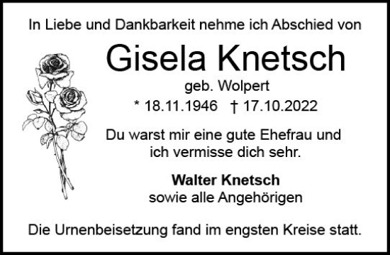 Traueranzeige von Gisela Knetsch von vrm-trauer Wiesbadener Kurier